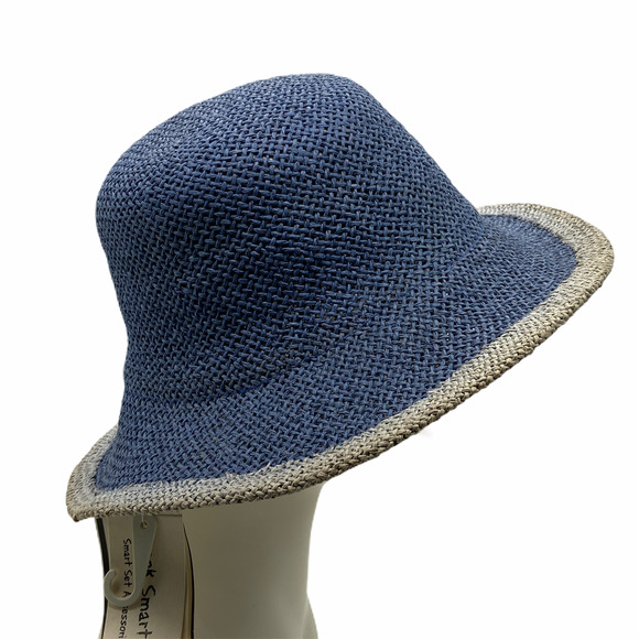 Look Smart Straw Hat Reversible OS‎ Blue Beige Tags still Attached - Picture 3 of 12